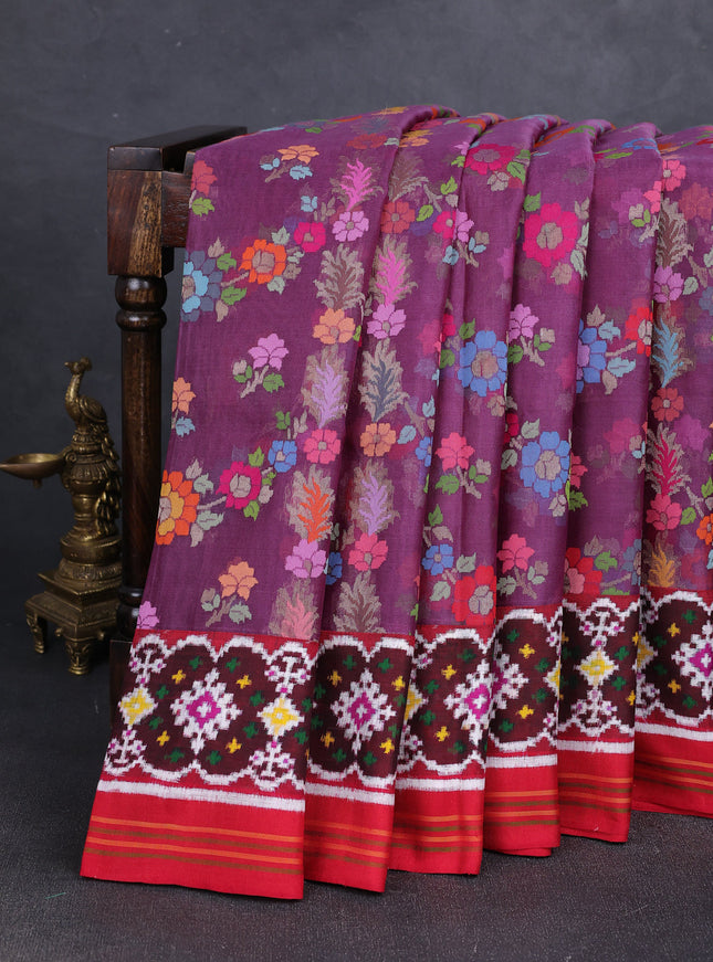 Mauve - Red Jamdhani Kora Silk Saree With Patola Border & Pallu