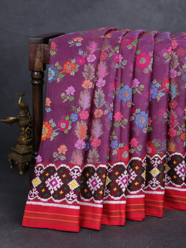 Mauve - Red Jamdhani Kora Silk Saree With Patola Border & Pallu