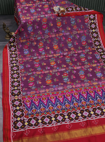 Mauve - Red Jamdhani Kora Silk Saree With Patola Border & Pallu
