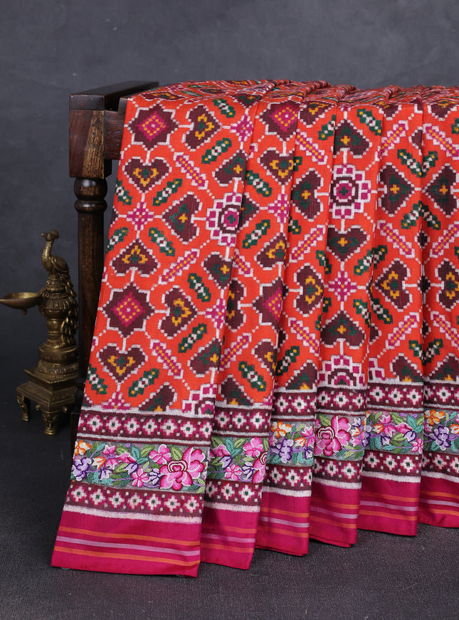 Orange - Magenta Patan Patola With Embroidery