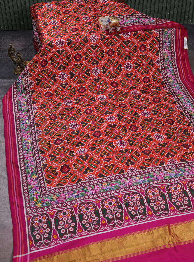 Orange - Magenta Patan Patola With Embroidery