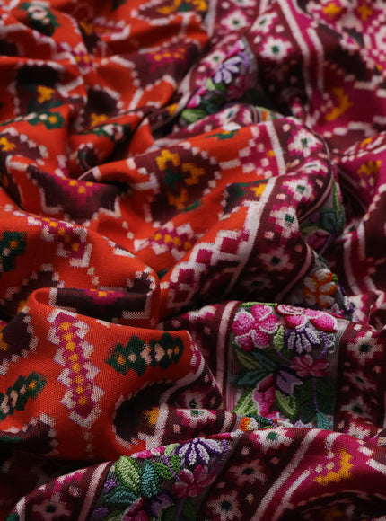 Orange - Magenta Patan Patola With Embroidery