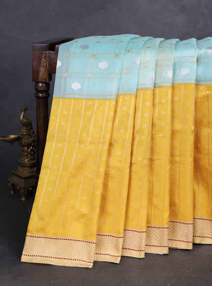 Sea Green - Yellow Banarasi Kora Silk Saree
