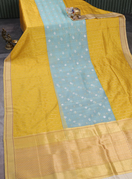 Sea Green - Yellow Banarasi Kora Silk Saree