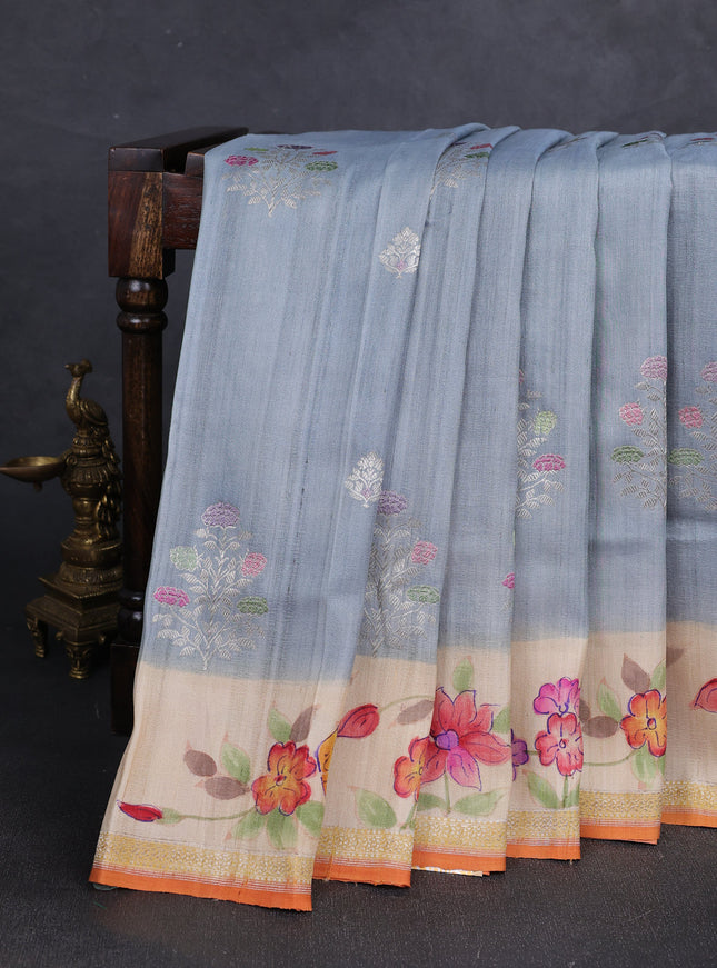 Grey - Beige Banarasi Tussar Hand Painted Silk Saree