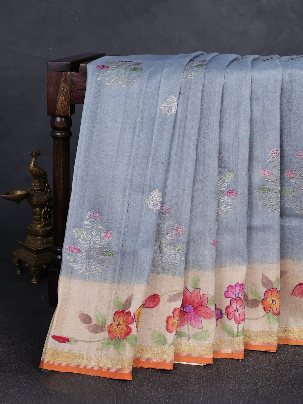 Grey - Beige Banarasi Tussar Hand Painted Silk Saree
