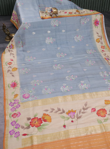 Grey - Beige Banarasi Tussar Hand Painted Silk Saree