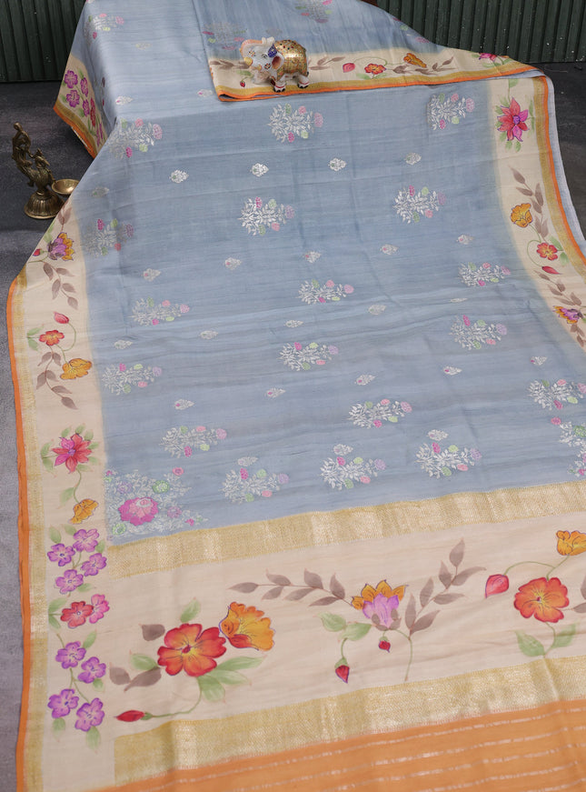 Grey - Beige Banarasi Tussar Hand Painted Silk Saree