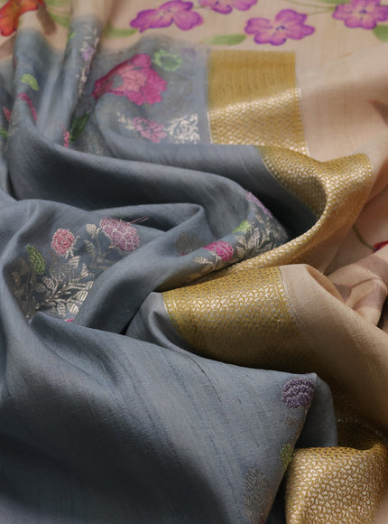 Grey - Beige Banarasi Tussar Hand Painted Silk Saree