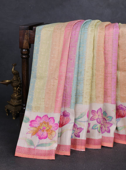 Multi Colour - Cream Banarasi Tussar Hand Painted Silk Saree