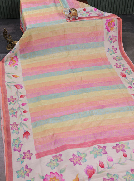 Multi Colour - Cream Banarasi Tussar Hand Painted Silk Saree