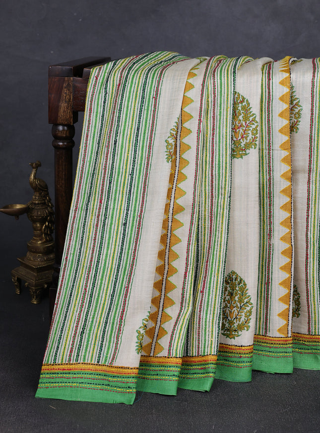 Multi Colour - Green Printed Tussar Silk With Kantha Embroidery Saree