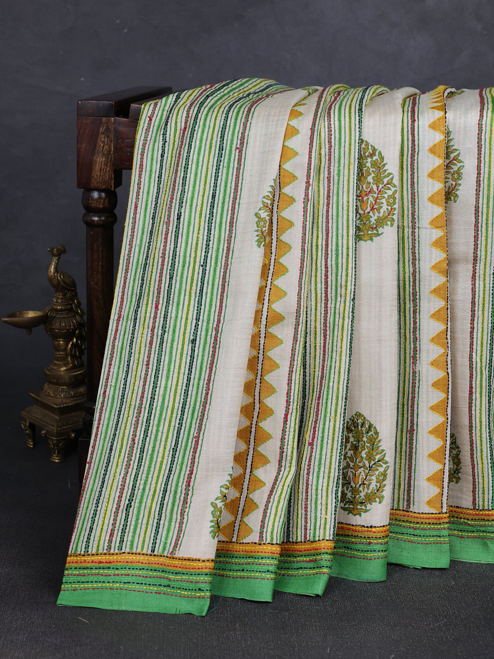 Multi Colour - Green Printed Tussar Silk With Kantha Embroidery Saree