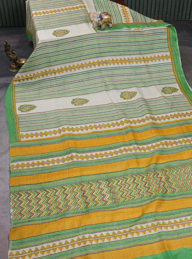 Multi Colour - Green Printed Tussar Silk With Kantha Embroidery Saree