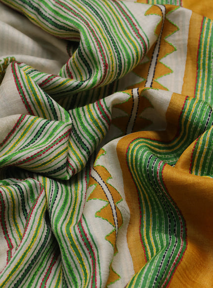Multi Colour - Green Printed Tussar Silk With Kantha Embroidery Saree