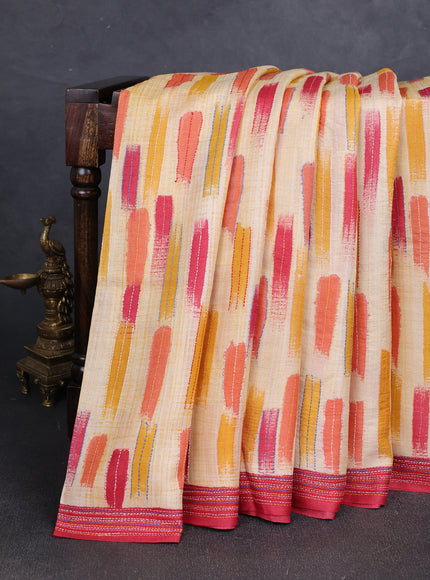 Multi Colour - Maroon Printed Tussar Silk With Kantha Embroidery Saree