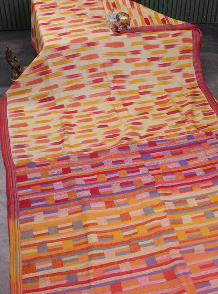 Multi Colour - Maroon Printed Tussar Silk With Kantha Embroidery Saree