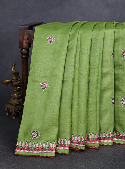 Green Tussar Silk Embroidery Saree With Ikat Blouse