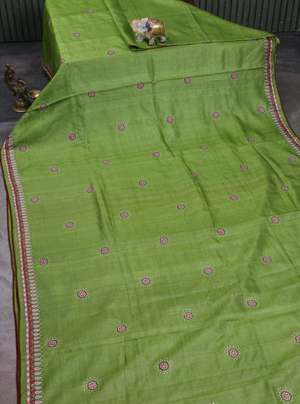 Green Tussar Silk Embroidery Saree With Ikat Blouse