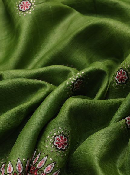 Green Tussar Silk Embroidery Saree With Ikat Blouse