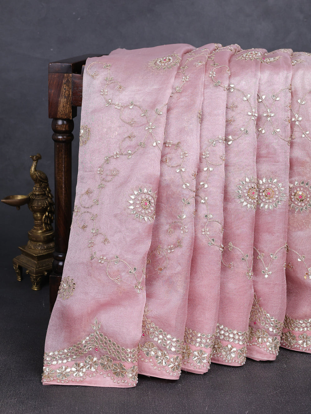 Baby Pink Tissue Organza Embroidery Silk Saree
