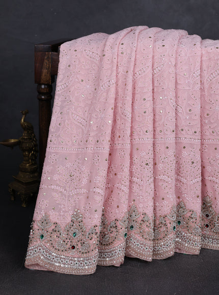 Peach Georgette Chikankari Embroidery Silk Saree