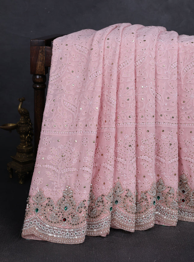 Peach Georgette Chikankari Embroidery Silk Saree