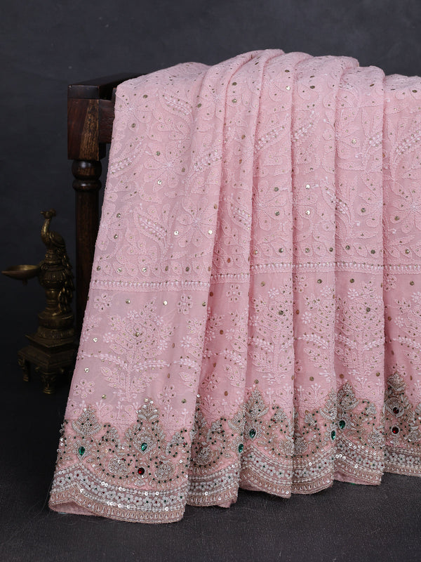 Peach Georgette Chikankari Embroidery Silk Saree