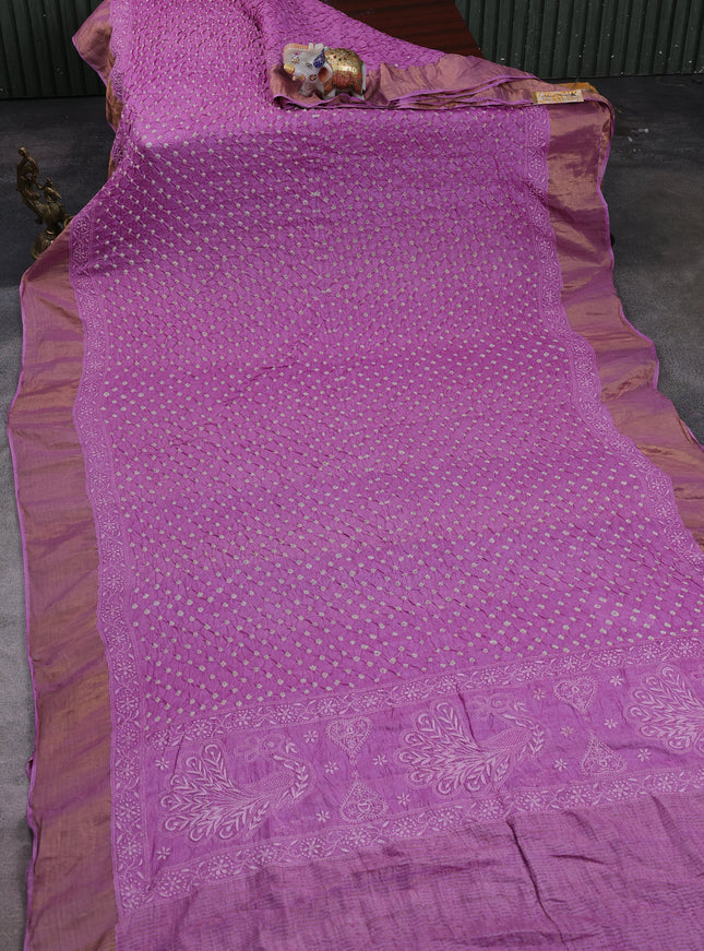Lavender Tussar Bandhani Embroidery Saree