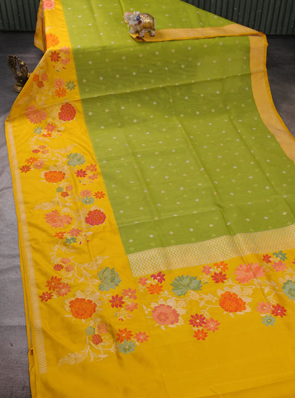 Lime Green - Yellow Banarasi Kora Silk Saree