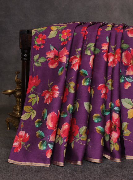Purple Printed Tussar Silk Saree