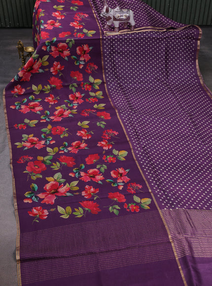 Purple Printed Tussar Silk Saree