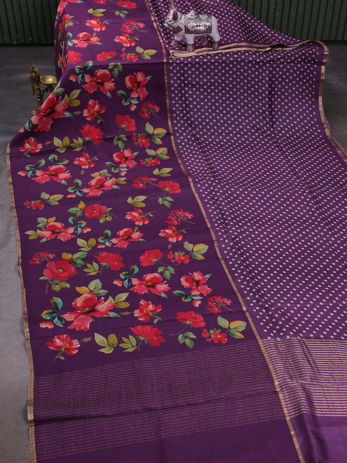 Purple Printed Tussar Silk Saree