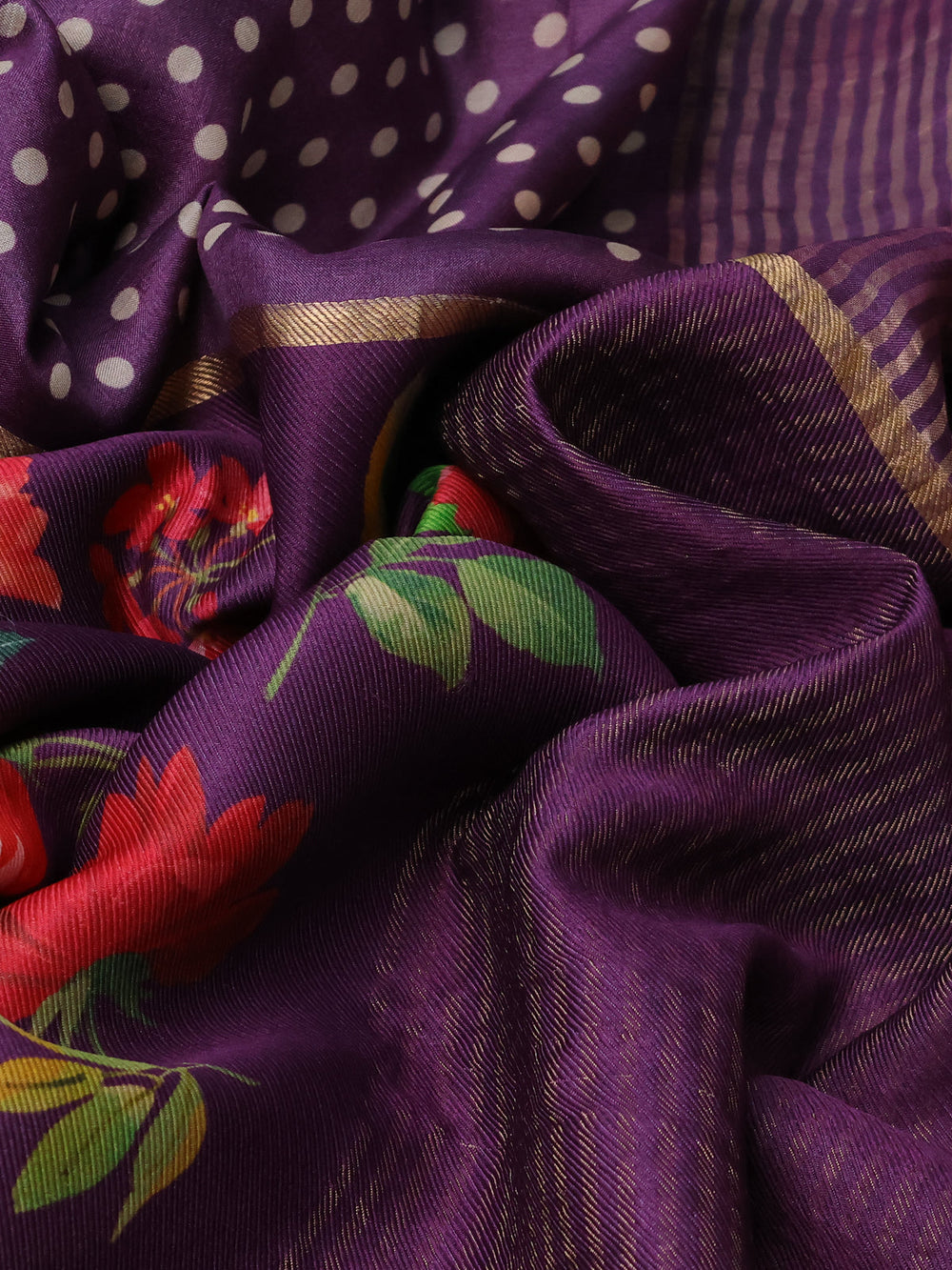 Purple Printed Tussar Silk Saree