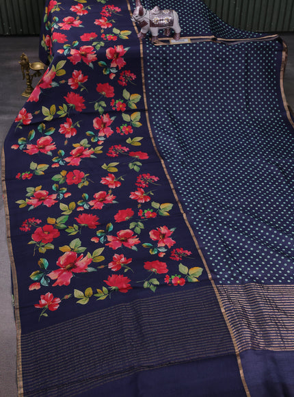 Blue Printed Tussar Silk Saree