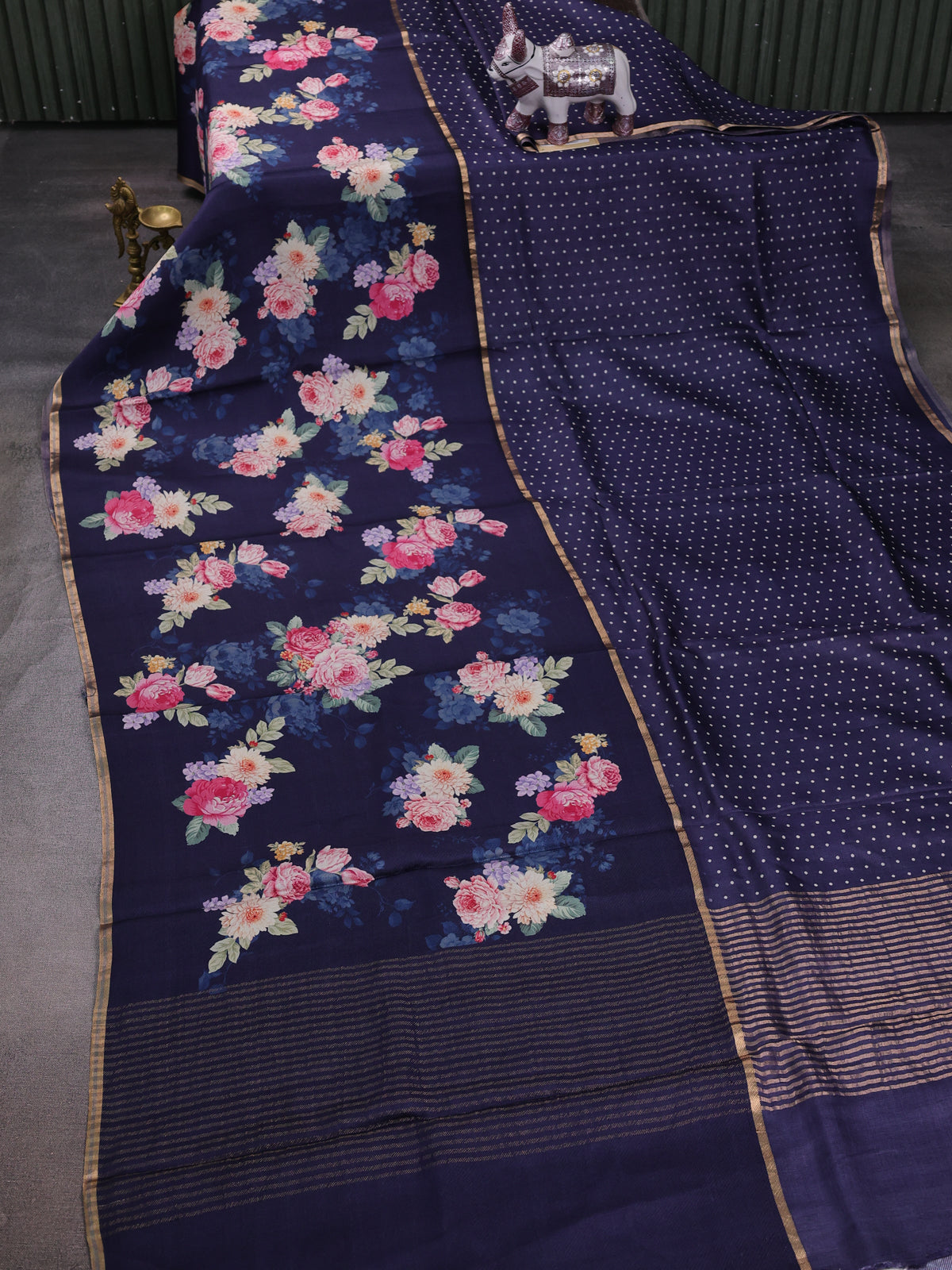 Blue Printed Tussar Silk Saree
