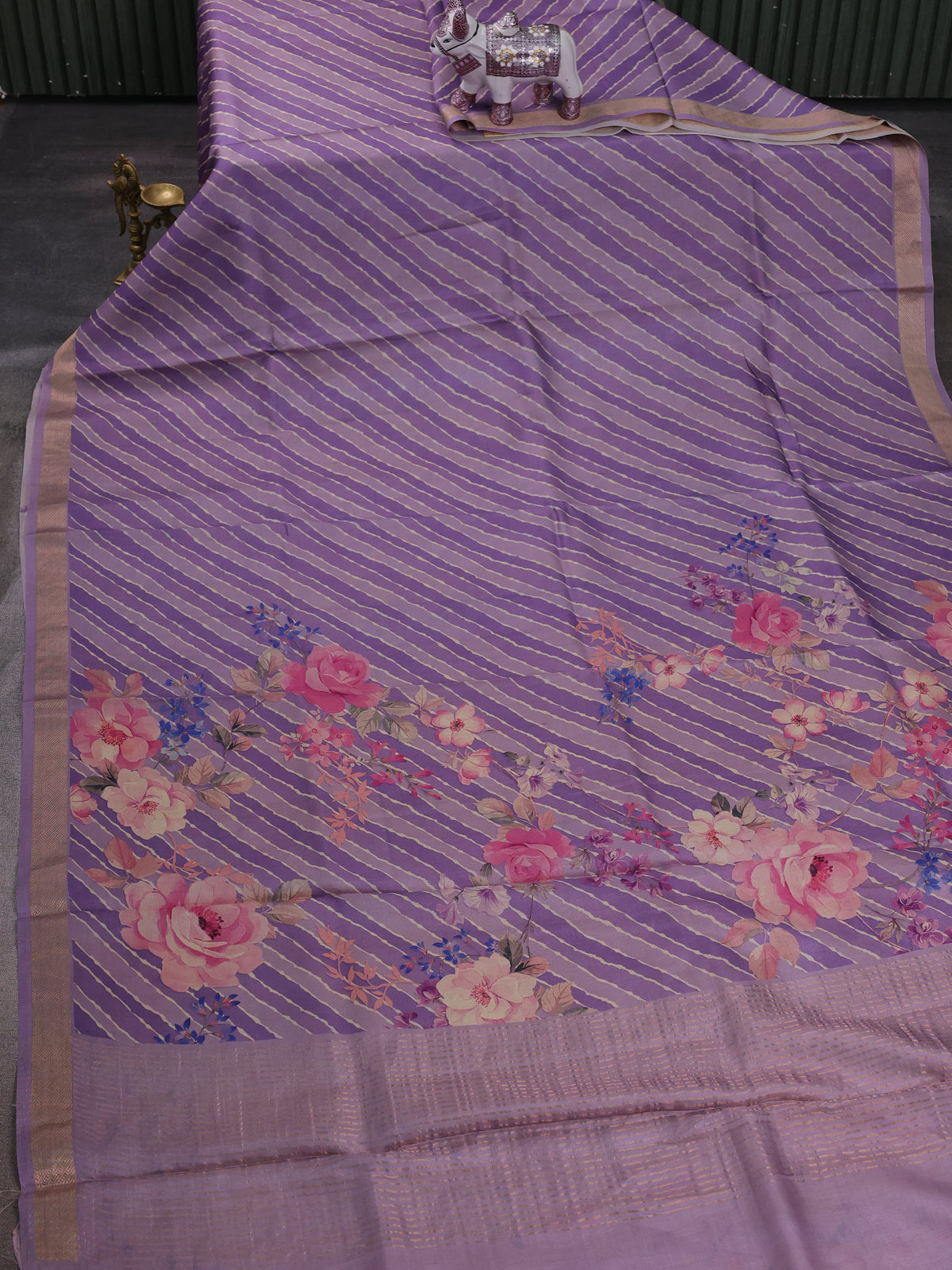 Lilac Printed Tussar Silk Saree