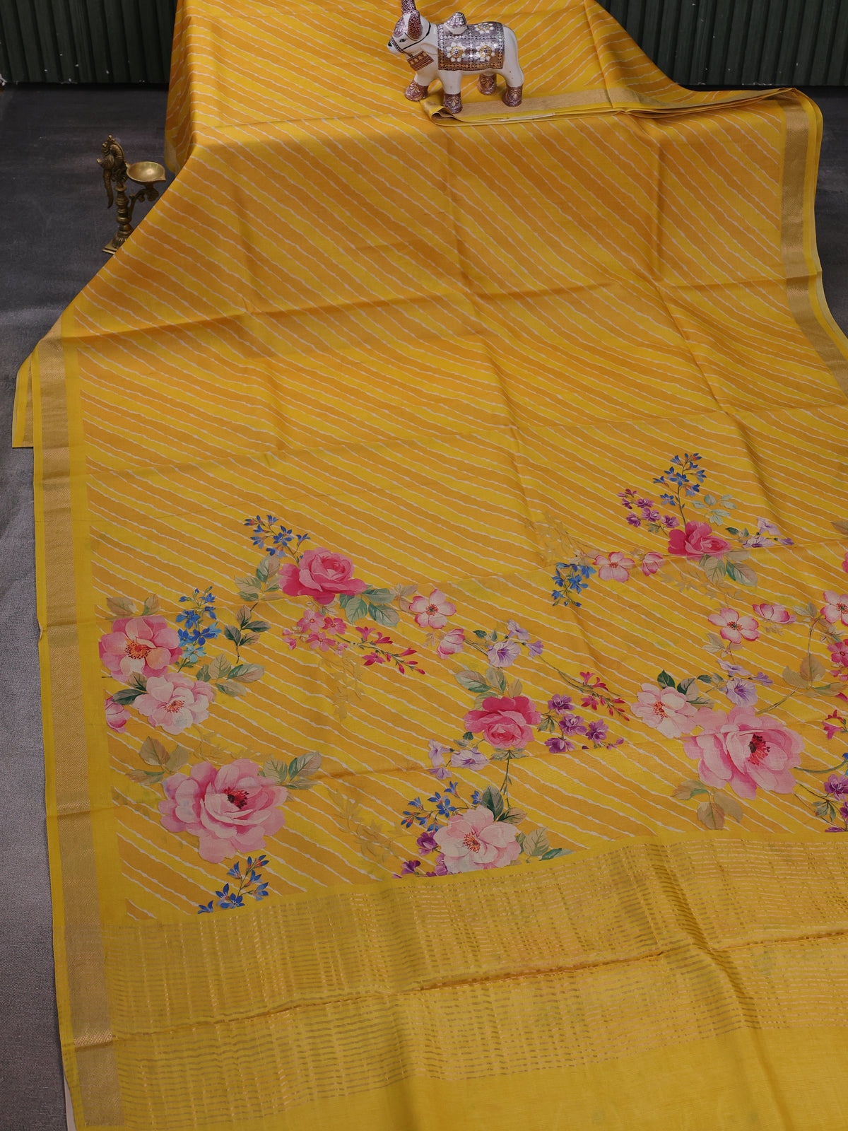 Yellow Printed Tussar Silk Saree