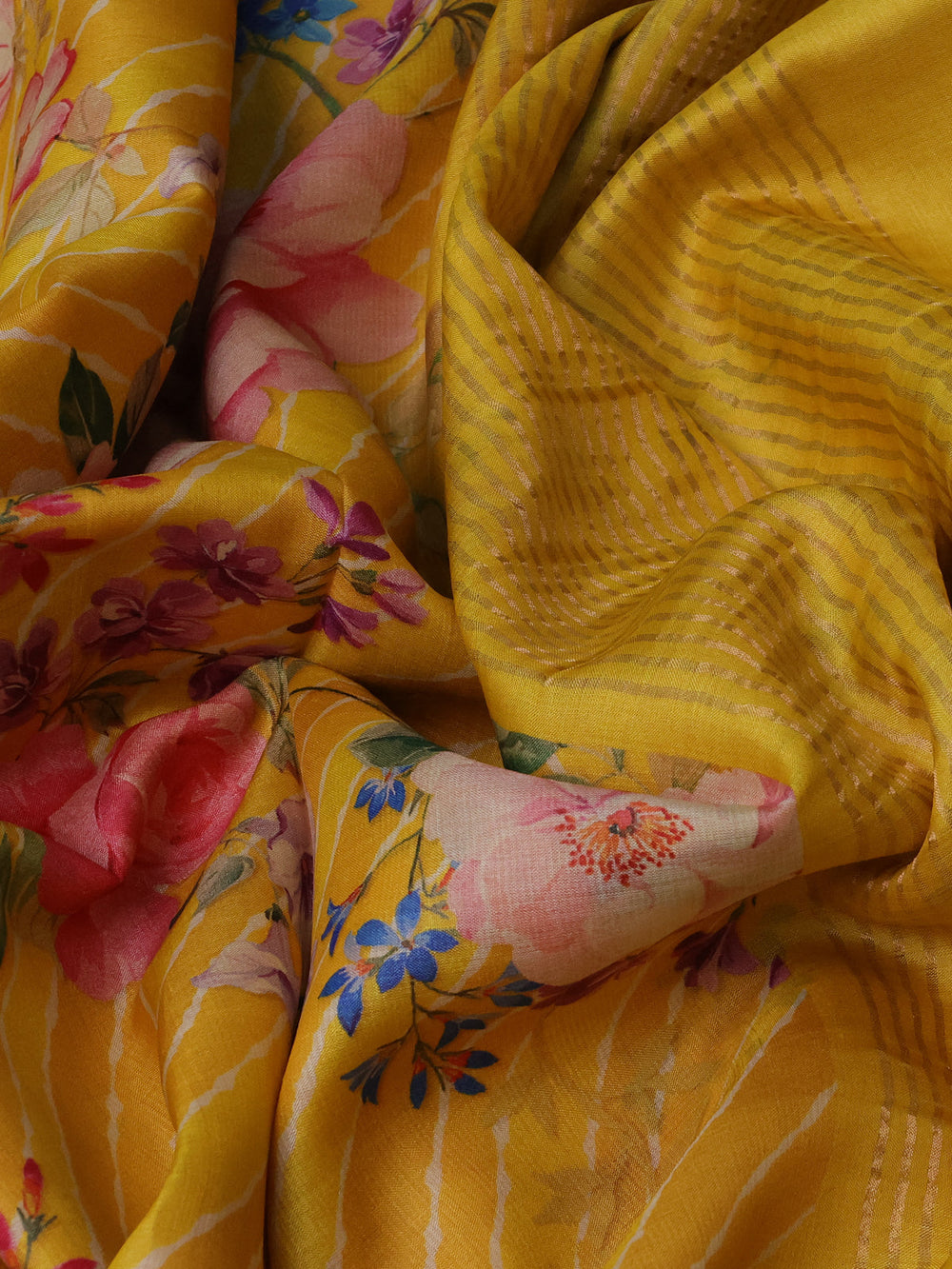 Yellow Printed Tussar Silk Saree
