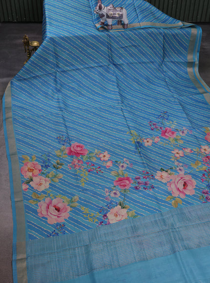 Blue Printed Tussar Silk Saree