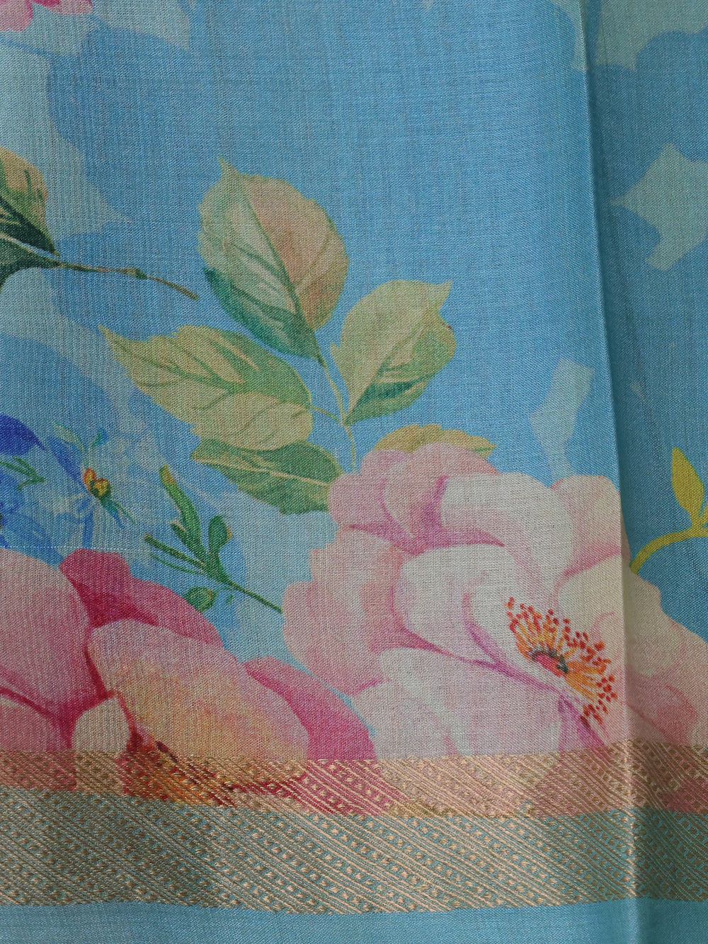 Blue Printed Tussar Silk Saree