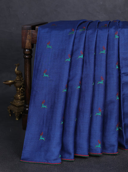 Blue Printed Tussar Silk Embroidery Saree
