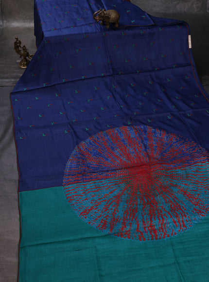 Blue Printed Tussar Silk Embroidery Saree