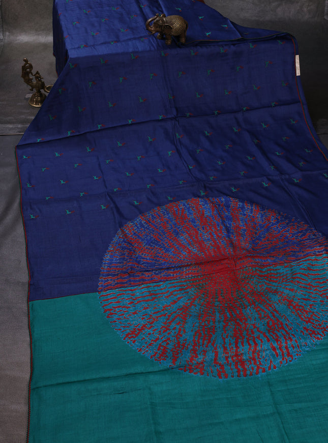 Blue Printed Tussar Silk Embroidery Saree