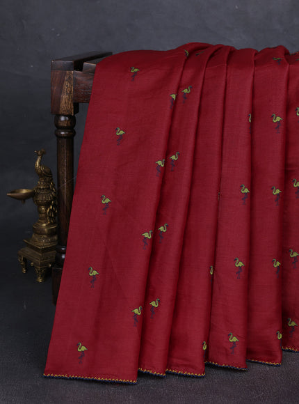 Maroon Printed Tussar Silk Embroidery Saree