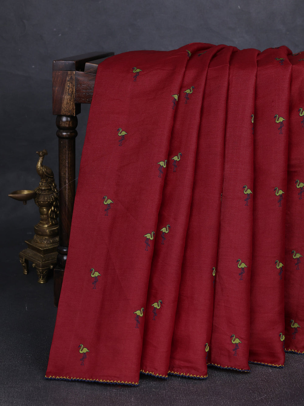 Maroon Printed Tussar Silk Embroidery Saree