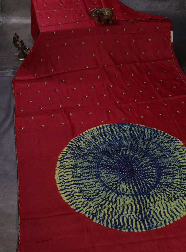 Maroon Printed Tussar Silk Embroidery Saree