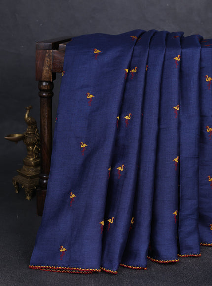 Blue Printed Tussar Silk Embroidery Saree
