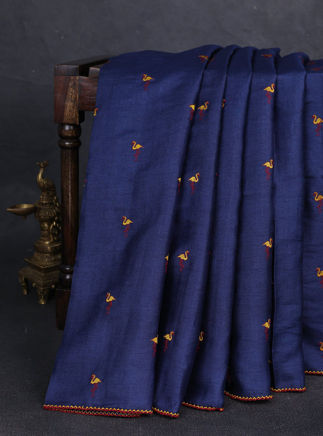 Blue Printed Tussar Silk Embroidery Saree
