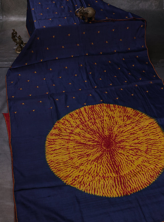 Blue Printed Tussar Silk Embroidery Saree